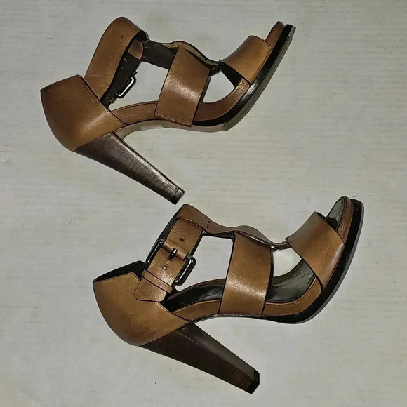 THEORY Brown T Strap Women Platform Heels Sz 7/37.5 - Picture 2 of 9